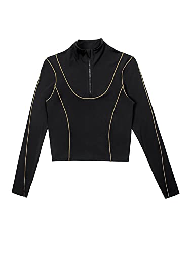 CUPSHE Women’s Crop Tops Long Sleeve High Neck Quarter Zip Casual Pullover Sweatshirt, S Black