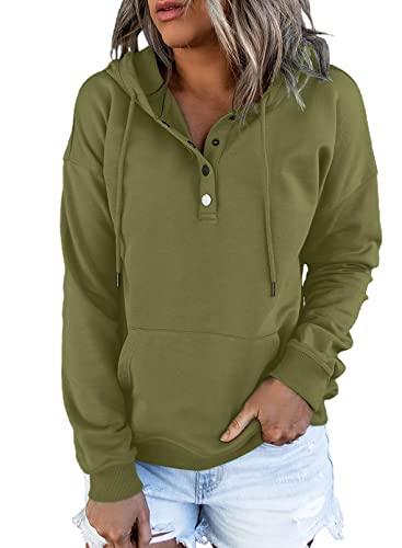 Dokotoo Women’s Fashion Hoodies & Sweatshirts Drawstring Long Sleeve Front Button Collar Hooded Pullovers with Pockets Winter Sweatshirts for Women Loose Fit Casual Ladies Fall Shirt Tops Brown M