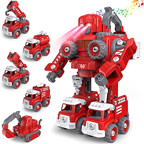 Toys for 4 5 6 7 8 Year Old Boys,5 in 1 Fire Truck Transform Robot Toys for Kids Ages 4-8 Take Apart Robot Firetruck Toys STEM Toy Cars Boys Toys for Boys Girls 4 + Year Old Christmas Birthday Gift