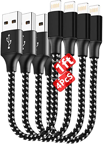 4 Pack Short iPhone Charger Cable 1ft Power Bank Cable Apple Mfi Certified,1 Foot Lightning Cord 2A Compatible with iPhone 13 Pro Max/12/11/10/8 Plus/7/6/5s/se 2020/Airpods,Black