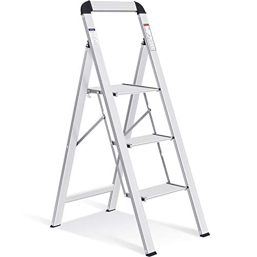 APEXCHASER 3 Step Ladder, Aluminum Lightweight Folding Step Stool with Utility Handle, Anti-Slip Steps Wide Platform for Kitchen, Pantry, Home,Office