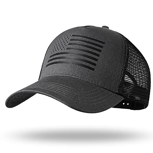 American Flag Trucker Hat – Snapback Hat, Baseball Cap for Men Women – Breathable Mesh Side, Adjustable Fit – for Casual Wear Dark Gray/Black