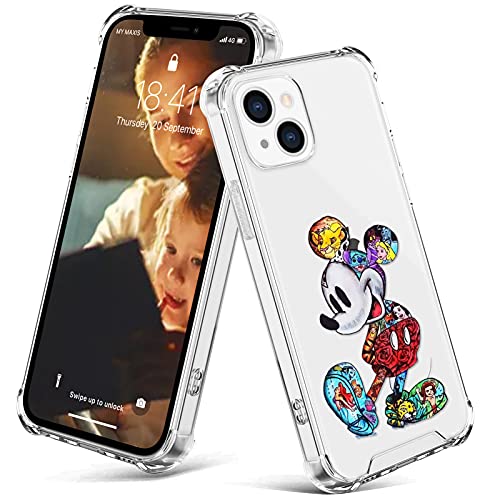 cuwana Compatible with iPhone 13 Case (2021) 6.1 Inch Mickey Mouse Cartoon Print Crystal Clear Slim Soft TPU Bumper Anti-Scratch Four Corners Cushion Shockproof Protection Hard Back Cover
