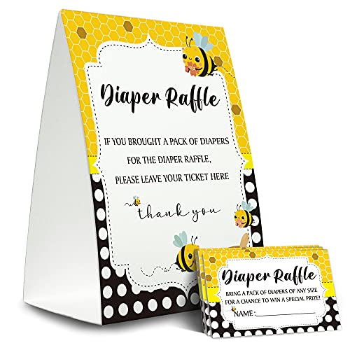 Diaper Raffle Sign,Diaper Raffle Baby Shower Game Kit (1 Standing Sign + 50 Guessing Cards),Bee Raffle Insert Ticket,Baby Showers Decorations,Card for Baby Shower Game to Bring a Pack of Diapers-N11