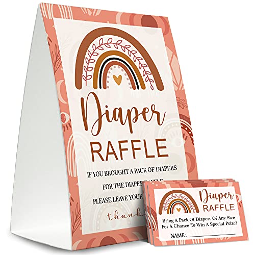 Diaper Raffle Sign,Diaper Raffle Baby Shower Game Kit (1 Standing Sign + 50 Guessing Cards),Boho Rainbow Raffle Insert Ticket,Baby Showers Decorations,Card for Baby Shower Game to Bring a Pack of Diapers-N12