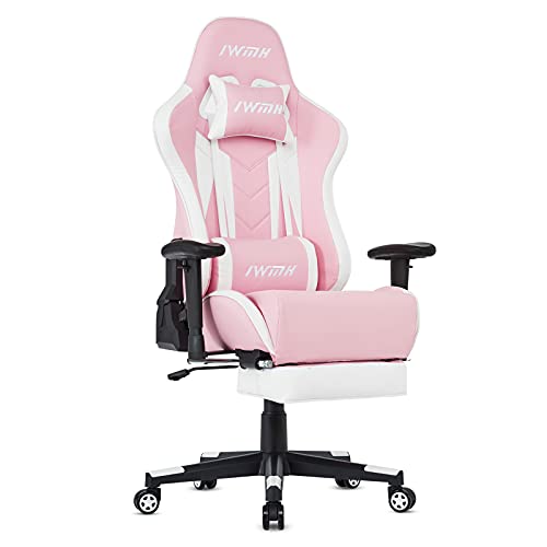 IWMH Gaming Chair, Ergonomic Racing Chair with Footrest, Executive High Back Office Chair, Adjustable Leather High Back Office Chair, Recliner & Rotatable (Pink)