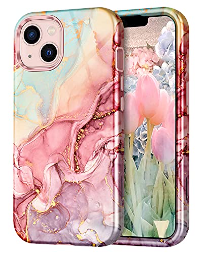 CASEFIV Compatible with iPhone 13 Case, Marble Pattern 3 in 1 Heavy Duty Shockproof Full Body Rugged Hard PC+Soft Silicone Drop Protective Girls Women Cover for iPhone 13 6.1 inch 2021, Rose Gold