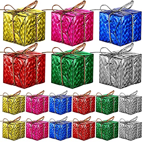 60 Pieces Christmas Tree Mini Boxes Assorted Color Foil Present Box Laser Boxes Christmas Tree Ornaments Handmade Hanging Decorative Boxes for Christmas Holiday Home Party Decoration