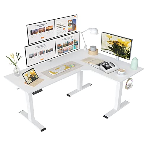 FEZIBO Triple Motor L-Shaped Electric Standing Desk, 63 Inches Height Adjustable Stand up Corner Desk, Sit Stand Workstation with Splice Board, White Frame/White Top