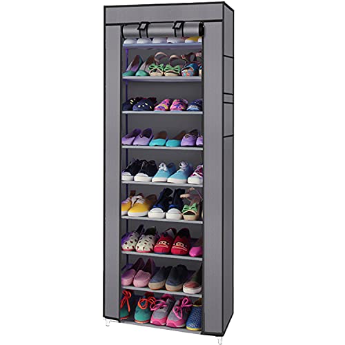 Kennkari 9 Tier Shoe Rack with Dustproof Cover, Free Standing Shoes Organizer, Narrow Shoe Storage Rack, 20-pair (Gray)