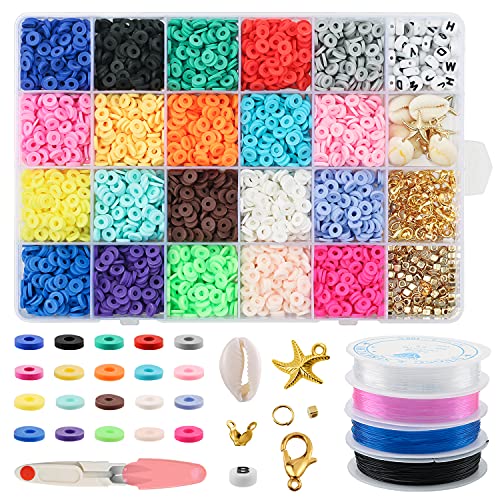 4800 Pcs Clay Beads 6mm 20 Colors Flat Round Polymer Clay Spacer Beads with Pendant Charms Kit and 4 Roll Elastic Strings for DIY Jewelry Making Bracelets Necklace ，Gifts for Girls Age 6-12