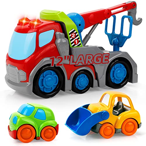 Yeedie 12 Inch Big Tow Truck with Hook and Bulldozer Car for Toddler Boys Girls, Friction Power Car Construction Toys with Sound & Light for Kids Birthday