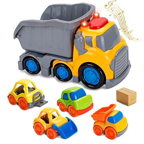 Car Toys for 2 3 4 Years Old Toddler Boy and Girl, Dump Truck with Moving Parts, Small Bulldozer Forklift, Dump Truck with Sound and Light, Construction Vehicles Playset for Christmas Birthday Gift