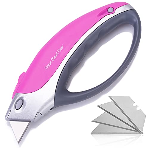 Pink Box Cutter Retractable Utility Knife – Heavy Duty Box Cutter Knife Cardboard Cutter – Box Opener Razor Blades Knife with 5 Sharp Utility Blades