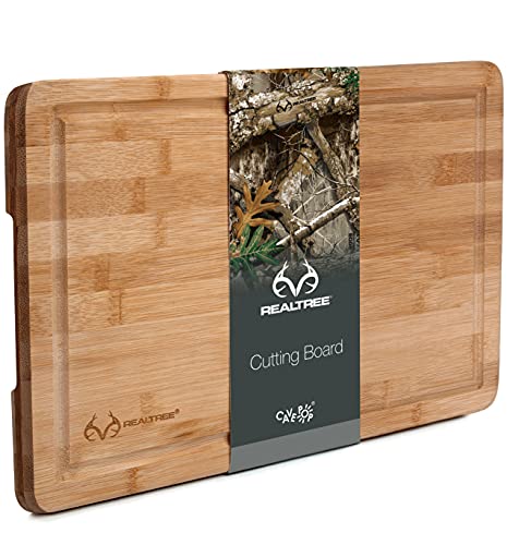Realtree Large 15×10” Bamboo Wood Cutting Board & Serving Tray – All in One Kitchen Chopping Board for Meat, Cheese, Vegetables & Fruit