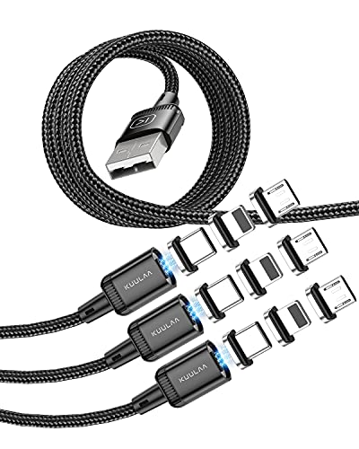 KUULAA 3Pack Magnetic Charging Cable USB C,3A Fast Charging/Data Transmission with 3 in 1 Charging Tips Nylon-Braided Phone Compatible for iProduct/Type C/Micro Device Black(3.3ft/6.6ft/6.6ft)