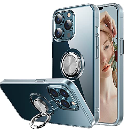 Case for iPhone 13 Pro Max, Clear Body Soft TPU Shockproof Case with 360 Degree Rotation Ring Kickstand(Work with Magnetic Car Mount) for iPhone 13 Pro Max 6.7 inch, Clear