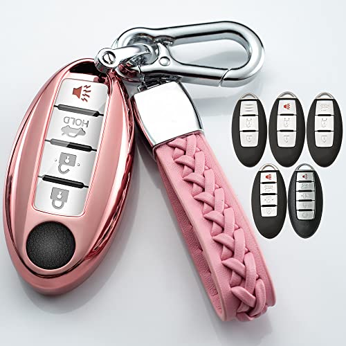 Tinemin Compatible with Nissan Key Fob Cover with Leather Keychain Soft TPU 360 Degree Protection Key Case for Altima Maxima Rogue Armada Pathfinder Smart Key 3 4 5-Button,Pink
