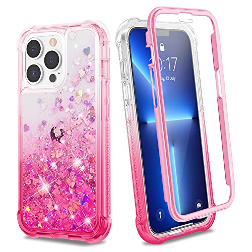 Ruky Case Compatible with iPhone 13 Pro Max Full Body Glitter Liquid Rugged Cover with Built-in Screen Protector Soft TPU Shockproof Girls Women Phone Case for iPhone 13 Pro Max, Gradient Pink