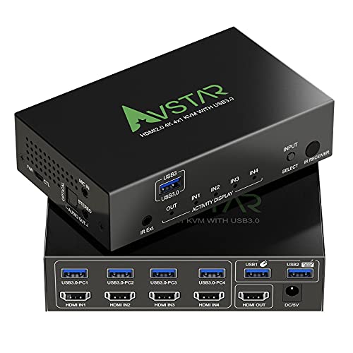 USB KVM Switch HDMI 4K@60Hz 4 Port,4 in 1 Out with 4 USB 3.0 / USB 3.1 Hub,SPDIF and Stereo,Compatible with Most Keyboards and Mouse,Button or IR Remote Control for Windows,Linux,Unix and Mac etc.
