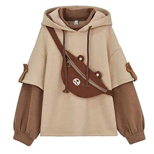 Mimacoo Cute Bear Hoodies for Teen Girls Kawaii Brown Sweatshirt Patchwork Long Sleeve Shirts Oversized Pullover with Personality Bag