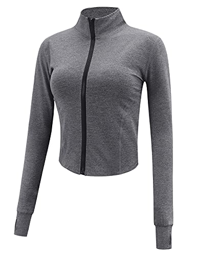Gihuo Women’s Athletic Full Zip Lightweight Workout Jacket with Thumb Holes (DarkGrey, Medium)