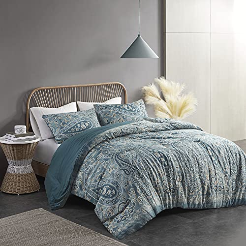 Madison Park Belcourt Sateen Cotton Comforter Set, Breathable, Soft Cover, Trendy, All Season Down Alternative Cozy Bedding with Matching Shams, Full/Queen, Blue 3 Piece