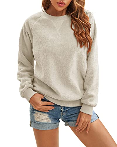 Panadila Womens Oversized Crewneck Sweatshirt Casual Sherpa Pullover Top Warm Sweater Long Sleeve Shirts(Beige,S)