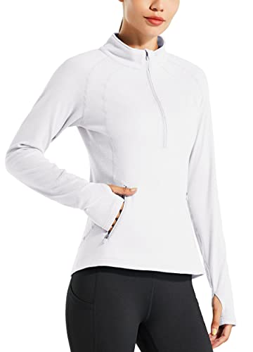 Willit Women’s Fleece Running Pullover Thermal Equestrian Shirt Golf Shirt Long Sleeve Half Zip Exercise Winter Gear White L