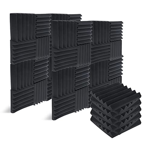 Patioer 48 Pack Acoustic Foam Panels 2″ X 12″ X 12″, Soundproofing Foam Panels for Walls, Studio Wedge Tiles Sound Absorbing Panels for Studio Recording Home Office, Black