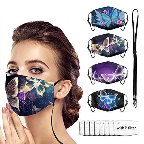 Fashion Butterfly Cloth Face Mask Washable Reusable for Women, Cute Cotton Adjustable Face Masks Cover Protection with Filter Pocket & Lanyard 4 PCS