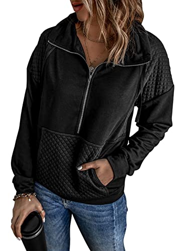 SHEWIN Womens Sweatshirt Casual Long Sleeve Lapel Quilted Half Zip Pullover Lightweight Sweatshirts for Women,US 4-6(S),Black