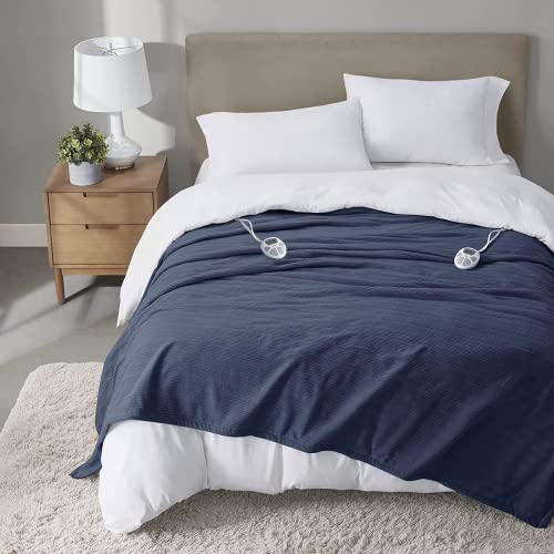 Serta Travis Fleece Ultra Soft Tri-Rib Textured Electric Blanket, Cozy and Snuggly Cover Fast Heating for Cold Weather, Auto Shut Off, Multi Heat Setting Controller, King, Indigo