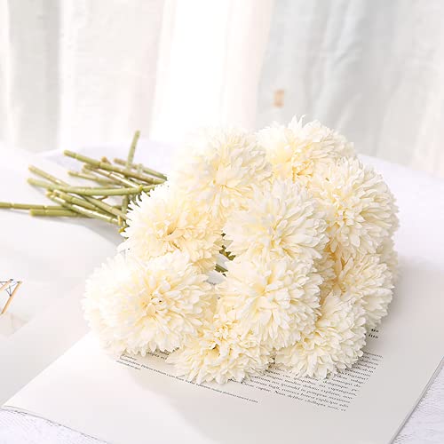 Crownia Artificial Flowers 10Pcs Chrysanthemum Ball Flowers Fake Flowers Silk Artificial Hydrangea Bridal Wedding Bouquet for Home Garden Office Coffee House Parties and Wedding (White)