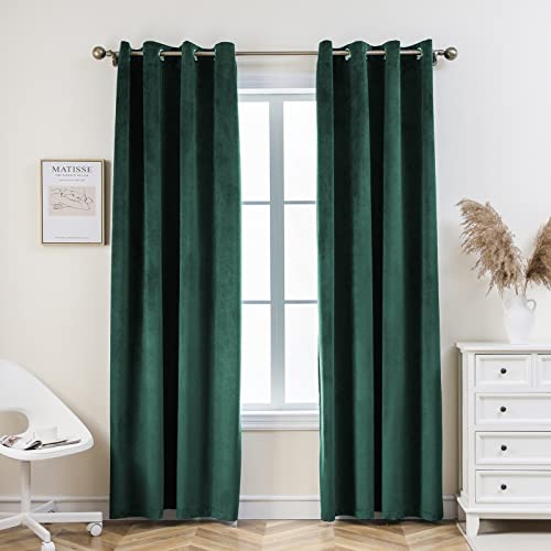 PLEASANT BOULEVARD | Velvet Curtains [2 Panels] Elegant Living Room Bedroom Window Drape Curtain, Grommet Eyelet Style (52 x 95in, Dark Green)