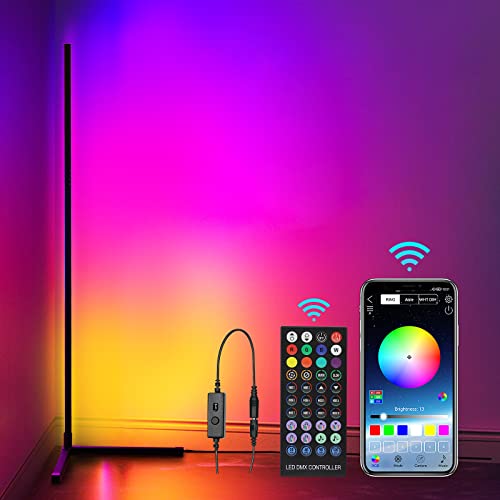 Hitish Corner Floor Lamp, 62.2” RGB Color Changing Mood Lighting Corner Lamp with Bluetooth & Remote Control, Dimmable Modern Floor Lamp with Music Sync & Timing Function for Living Room, Gaming Room