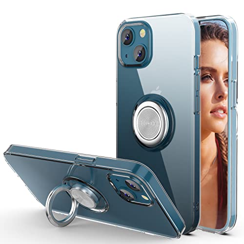SQMCase Case for iPhone 13/14, Clear Body Soft TPU Shockproof Case with 360 Degree Rotation Ring Kickstand(Work with Magnetic Car Mount) for iPhone 13/14 6.1 inch, Clear