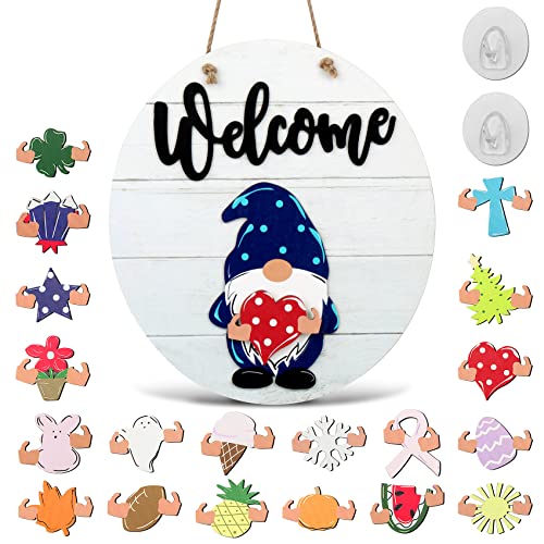 Interchangeable Welcome Sign for Front Door Porch Decor, Wooden Halloween Gnome Door Hanger Wreath with 19 Pieces Seasonal Holiday Icons, Rustic Farmhouse Home Sign DIY Wall Hanging Decor