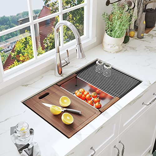 CELAENO 30-inch Workstation Undermount Kitchen Sink, Modern Handmade Stainless Steel Kitchen Sink 18 Gauge with Ledge, All in One Single Bowl Kitchen Sinks is equipped with various accessories