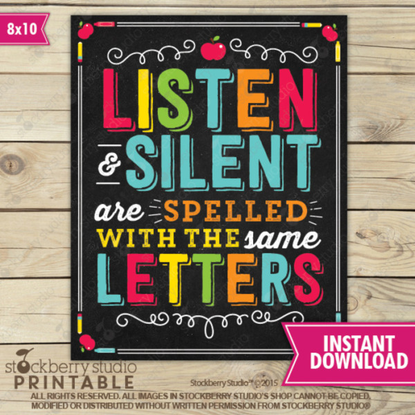 Listen and Silent are Spelled with the Same Letters Classroom Rules Policies Poster Educational Wall Art Decor Printable Digital Instant Download