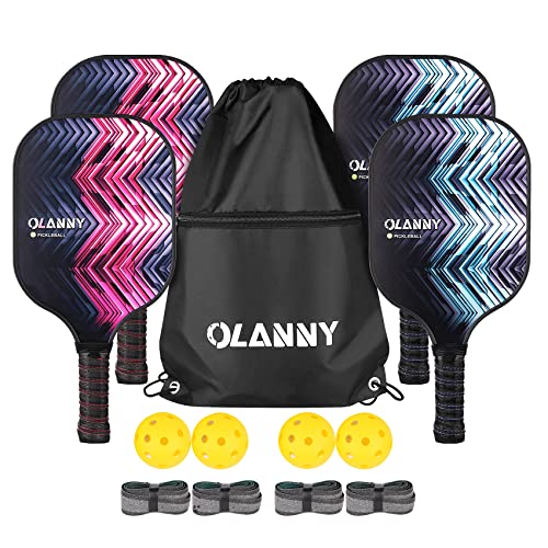OLANNY Pickle Ball Raquette Set of 4 Lightweight Pickleball Paddle Set Premium Comfort Grip Polymer Honeycomb Core Set of Four Paddles,4 Replacement Soft Grip,4 Balls & Drawstring Bag