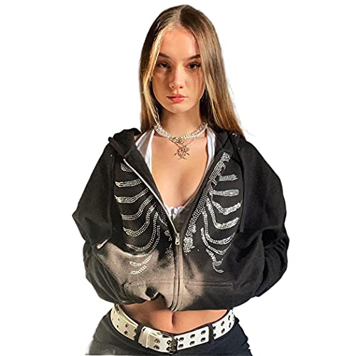 Women Zip Up Hoodie Rhinestone Skeleton Goth Clothes Vintage Oversized Sweatshirt Print Jacket Streetwear Coat