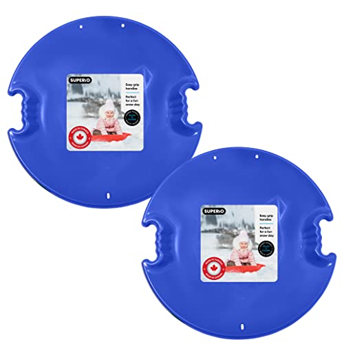 Superio Round Snow Saucer Sled, 2 Pack Spiral 26″ Avalanche Circle Plastic Sledding Disc, Winter Snow Fun for Kids and Adults (Blue 2 Pack)
