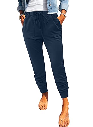 ROSKIKI Womens Drawstring Joggers Sweatpants Tapered Solid Active Strecth Elastic Waist Workout Running Lounge Pants Loose Fit Trousers with Pockets Blue X-Large