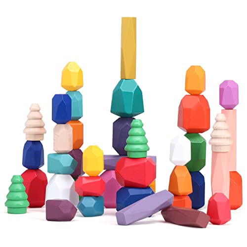 LyFu 40 Pcs Stacking Rocks Stones, Wooden Balancing Stones Montessori Toys for 1 2 3 4 5 6 Year Old Toddlers , Christams Gifts Educational Preschool Games Building Rocks Blocks Toys for 1-3 Toddlers
