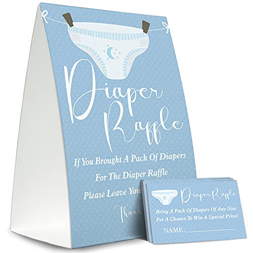 Diaper Raffle Sign,Diaper Raffle Baby Shower Game Kit (1 Standing Sign + 50 Guessing Cards),Blue Diapers Insert Ticket,Baby Showers Decorations,Card for Baby Shower Game to Bring a Pack of Diapers-XN02