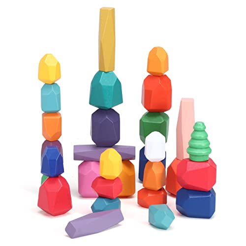 LyFu 20 Pcs Stacking Rocks Stones, Wooden Balancing Stones Montessori Toys for 1 2 3 4 5 6 Year Old Kids ,Christams Gifts Educational Preschool Games Building Rocks Blocks Toys for Toddlers 1-3