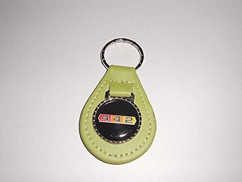 1965 1966 1967 1968 OLDS 442 4-4-2 TRI COLOR LOGO LEATHER KEYCHAIN – LIME GREEN