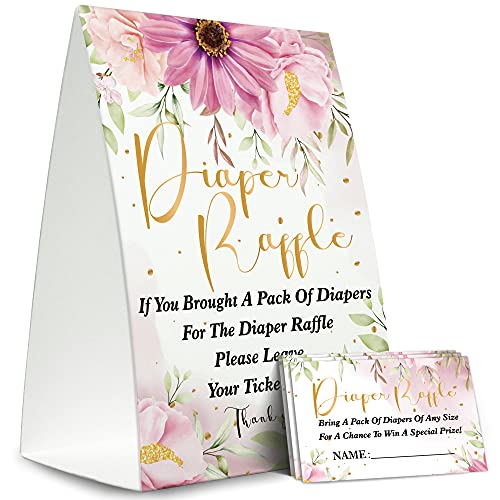 Diaper Raffle Sign,Diaper Raffle Baby Shower Game Kit (1 Standing Sign + 50 Guessing Cards),Greenery Blush Pink Floral Insert Ticket,Baby Showers Decorations,Card for Baby Shower Game to Bring a Pack of Diapers-XN12