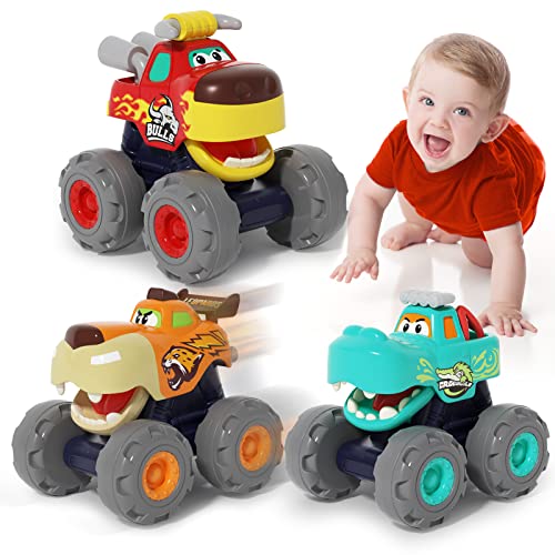 BABYFUNY 3 Pack Cars Toys for 1 Year Old Boy – Baby Monster Trucks Toy Cars for 2 Year Old Boys Dinosaur Toddler Trucks Toys, Pull Back Cars 1 2 3 Year Old Boy Gifts